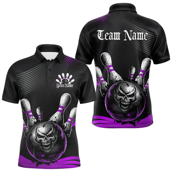 Maxcorners Custom Black And Purple Grunge Style Skull Bowling Polo Shirts For Men, Bowling Team Uniform