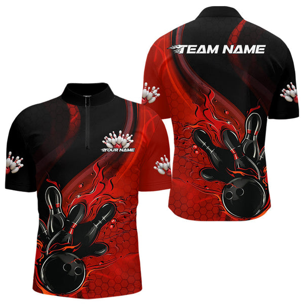 Maxcorners Custom Black And Red Flame Bowling Polo Shirt For Men, Bowling Team League Shirt MT1309