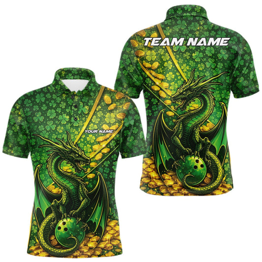 Maxcorners Custom St Patricks Day Dragon Bowling Shirt, Golden Coins And Shamrock Saint Paddy Bowling League Shirt  LM1501