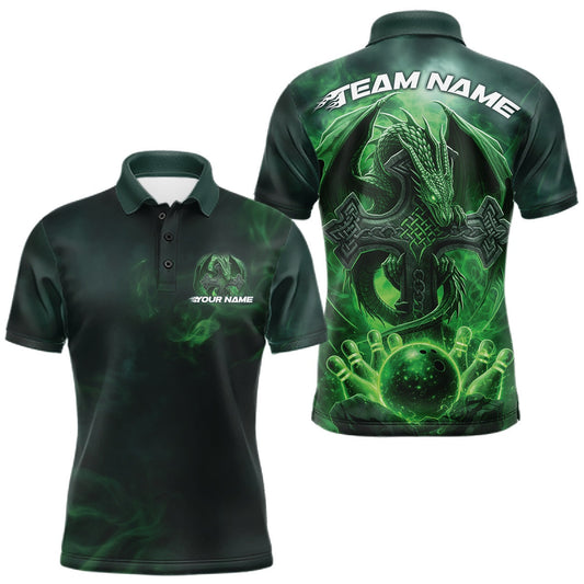 Maxcorners Custom Green Flame Celtic Cross Dragon Bowling Team Shirts, St Patricks Day Faith Bowling Tournament Shirts LM1501