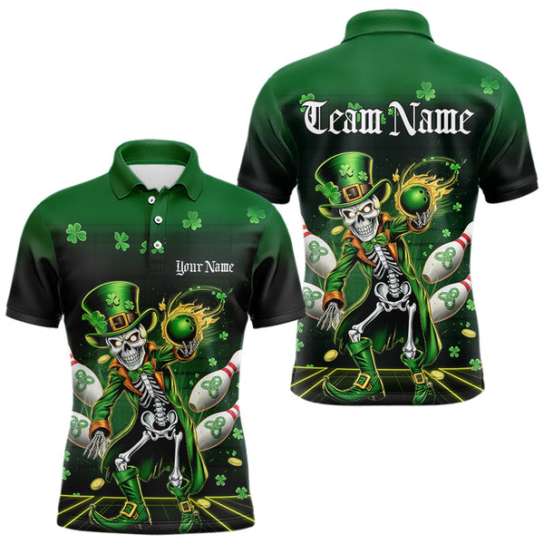 Maxcorners Custom St Patricks Day Leprechaun Skull Bowling Team Polo Shirts, Bowling Tournament Outfits