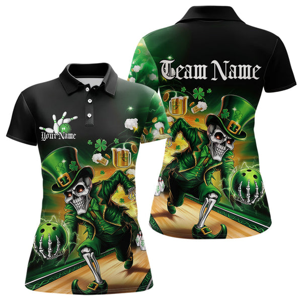 Maxcorners Custom Funny St Patricks Day Leprechaun Skull With Beer Bowling Team Polo Shirts Team Outfit