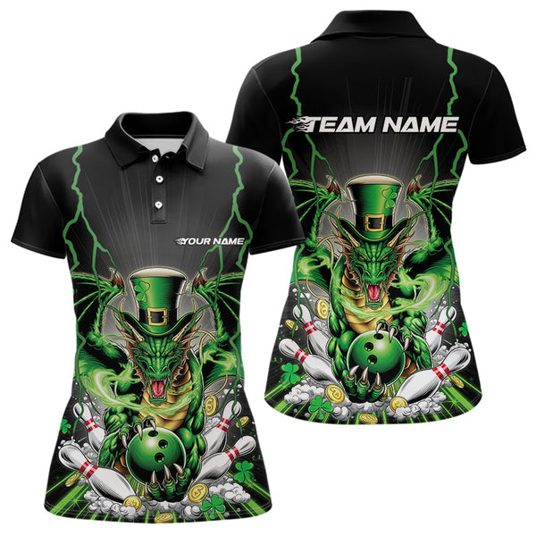 Maxcorners Custom Black And Green St Patricks Dragon Bowling Polo Shirts For Men, Lucky Dragon Bowling