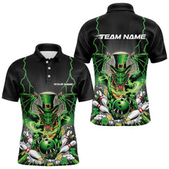 Maxcorners Custom Black And Green St Patricks Dragon Bowling Polo Shirts For Men, Lucky Dragon Bowling