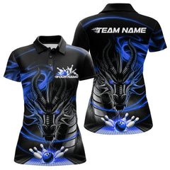 Maxcorners Custom Black And Blue Flame Dragon Bowling Team Men Polo Shirts, Bowling League Shirt LM193