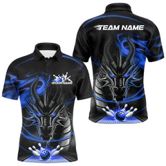 Maxcorners Custom Black And Blue Flame Dragon Bowling Team Men Polo Shirts, Bowling League Shirt LM193