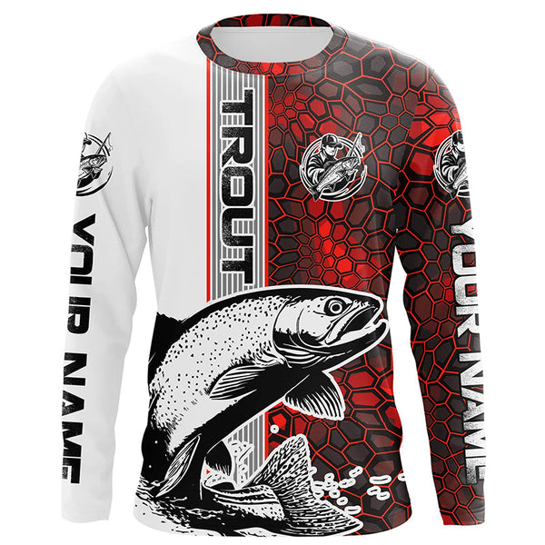 Maxcorners Trout Fishing Red Camo Long Sleeve Fishing Shirts With Custom Name, Trout 3D Fishing Shirts Jerseys LM2408