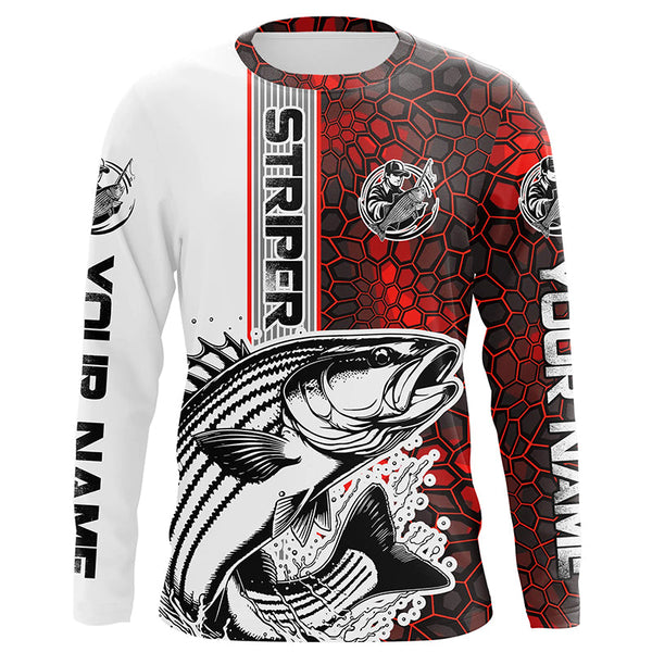 Maxcorners Striped Bass Fishing Red Camo Long Sleeve Fishing Shirts With Custom Name, Striper Fishing Jerseys LM2408