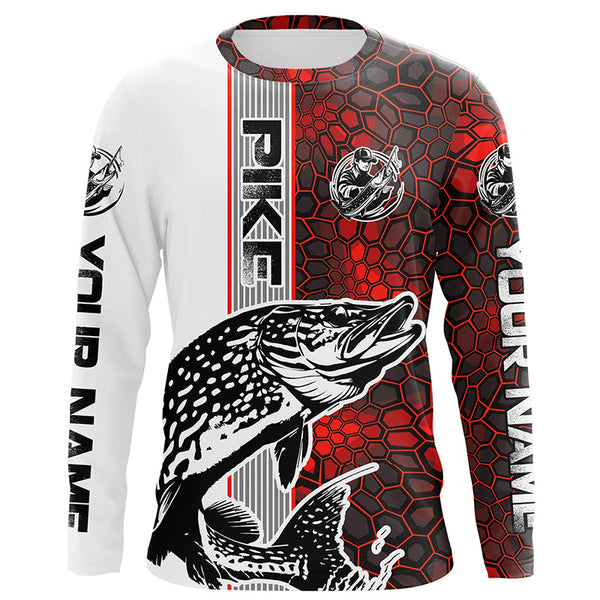 Maxcorners Pike Fishing Red Camo Long Sleeve Fishing Shirts With Custom Name, Pike 3D Fishing Shirts Jerseys LM2408