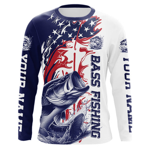Maxcorners Custom Patriotic Largemouth Bass Long Sleeve Fishing Shirts, Red White And Blue Fishing Shirt LM0607