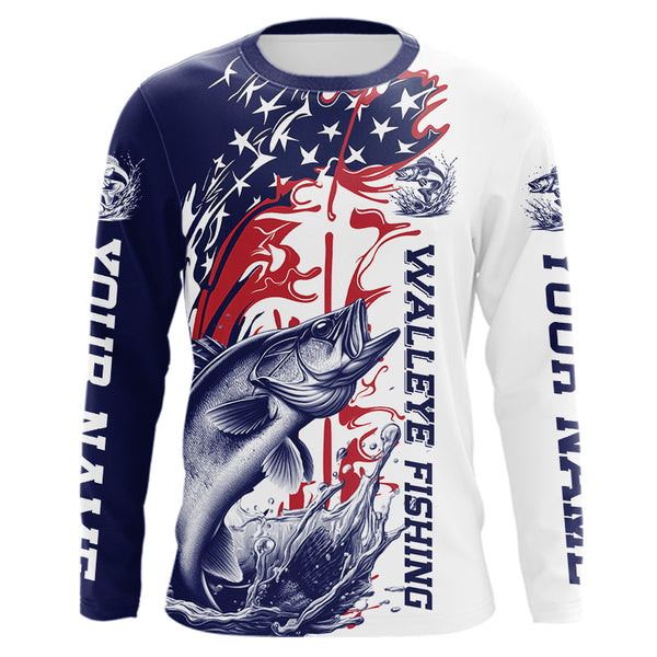 Maxcorners Custom Patriotic Walleye Long Sleeve Fishing Shirts, Red White And Blue Fishing Shirt LM0607