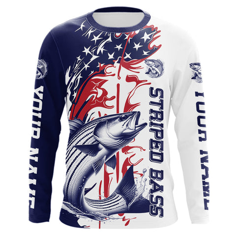 Maxcorners Custom Patriotic Striped Bass Long Sleeve Fishing Shirts, Red White And Blue Fishing Shirt LM0607
