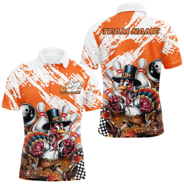 Maxcorners Custom Orange Turkey Bowling Men Polo Shirts, Funny Thanksgiving Bowling Team Shirts LM2408