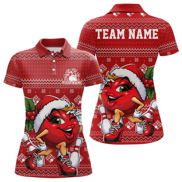 Maxcorners Custom Cute Funny Ladies Ver 5 Christmas Bowling Polo Shirts, Women Team Xmas Bowling Outfit MT1511
