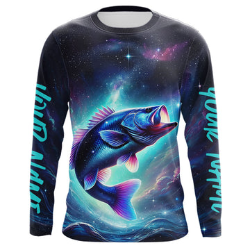Maxcorners Custom Galaxy Largemouth Bass Long Sleeve Performance Fishing Shirts For Men LM0201