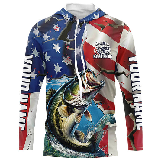 Maxcorners Personalized American Flag Bass Long Sleeve Fishing Shirts, Patriotic Bass Fisherman Jerseys LM0201