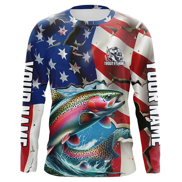 Maxcorners Custom American Flag Rainbow Trout Long Sleeve Fishing Shirts, Patriotic Trout Fisherman Jerseys  LM2408