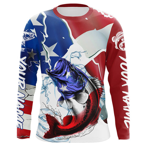 Maxcorners Bass Fishing American Flag Custom Performance Long Sleeve Fishing Shirts, Patriotic Fishing Gifts LM2408