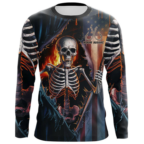 Maxcorners Custom American Flag Skull Long Sleeve Uv Protection Fishing Shirts, Patriotic Fishing Shirts LM2408