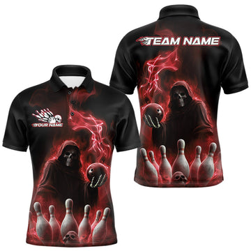 Maxcorners Custom Red Flame Grim Reaper Bowling Men Polo Shirts, Skull Halloween Bowler Outfit LM1203