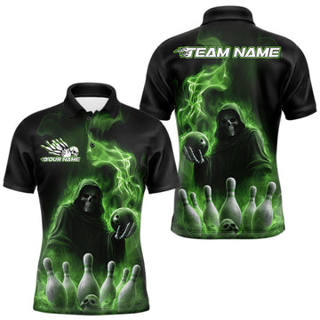 Maxcorners Custom Green Flame Grim Reaper Bowling Men Polo Shirts, Halloween Bowler Outfit LM1203