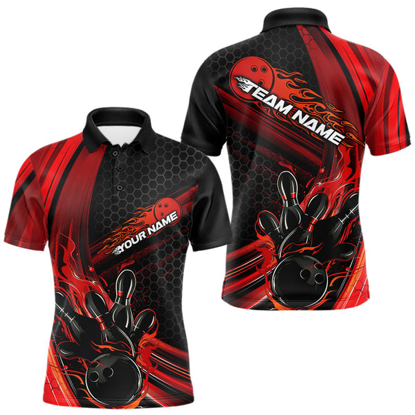 Maxcorners Custom Black And Red Flame Bowling Jerseys, Bowling Team Polo Shirts For Men TU1609