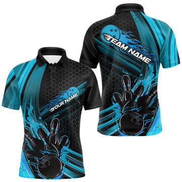Maxcorners Custom Black And Blue Flame Bowling Jerseys, Bowling Team Polo Shirts For Men LM1903