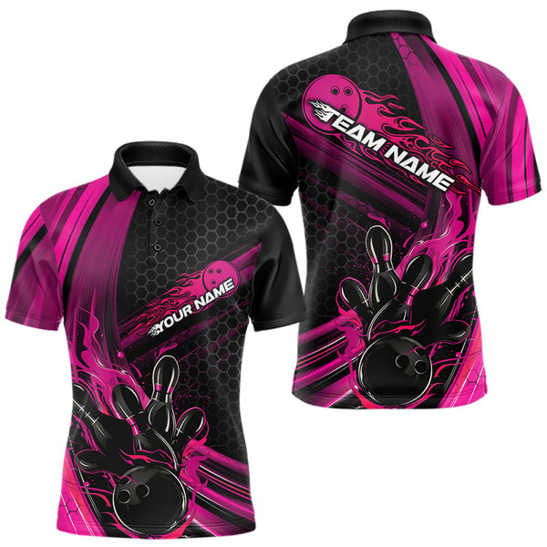 Maxcorners Custom Black And Pink Flame Bowling Jerseys, Bowling Team Polo Shirts For Men TU1609