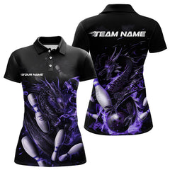 Maxcorners Custom Black And Purple Flame Dragon Bowling Polo Shirts For Men, Bowling Tournament Team Shirt