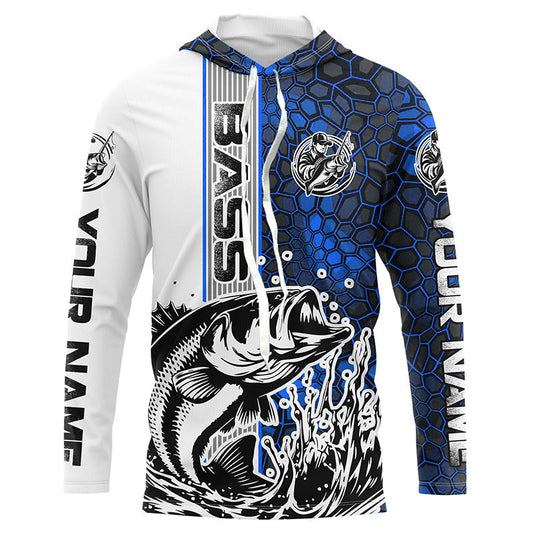 Maxcorners Largemouth Bass Fishing Custom Long Sleeve Tournament Shirts, Bass Fishing Jerseys | Water Blue Camo LM0201