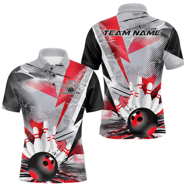 Maxcorners Custom Red And Gray Geometric Bowling Jerseys Bowling Team Polo Shirts For Men TU2107