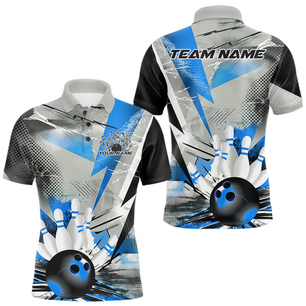 Maxcorners Custom Blue And Gray Geometric Bowling Jerseys Bowling Team Polo Shirts For Men TU2107