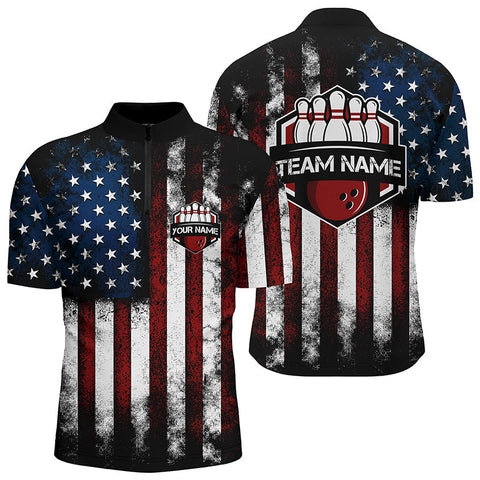 MaxCorners Bowling Ball And Pins American Flag 6 Customized Name, Team Name 3D Stand Collar Zipper Polo Shirt