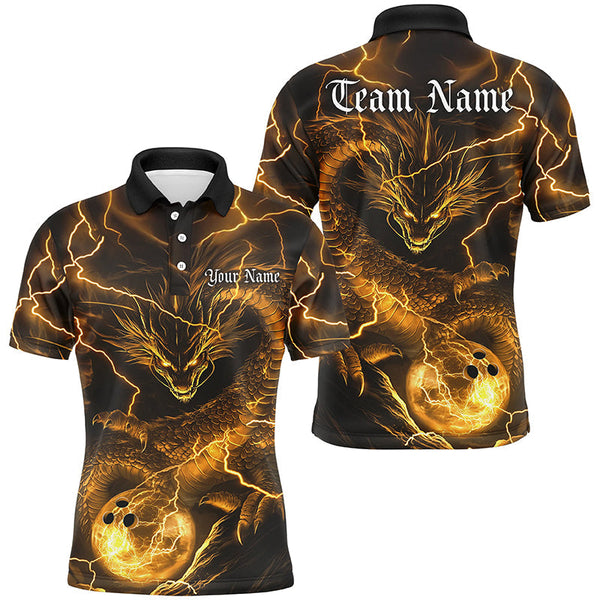 Maxcorners Custom Yellow Flame Dragon Bowling Polo Shirts For Men, Dragon Bowling Team Jerseys