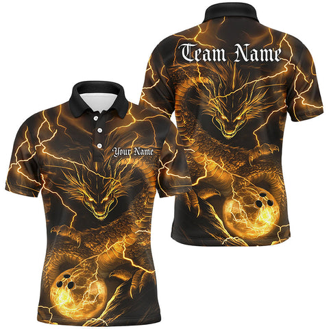 Maxcorners Custom Yellow Flame Dragon Bowling Polo Shirts For Men, Dragon Bowling Team Jerseys