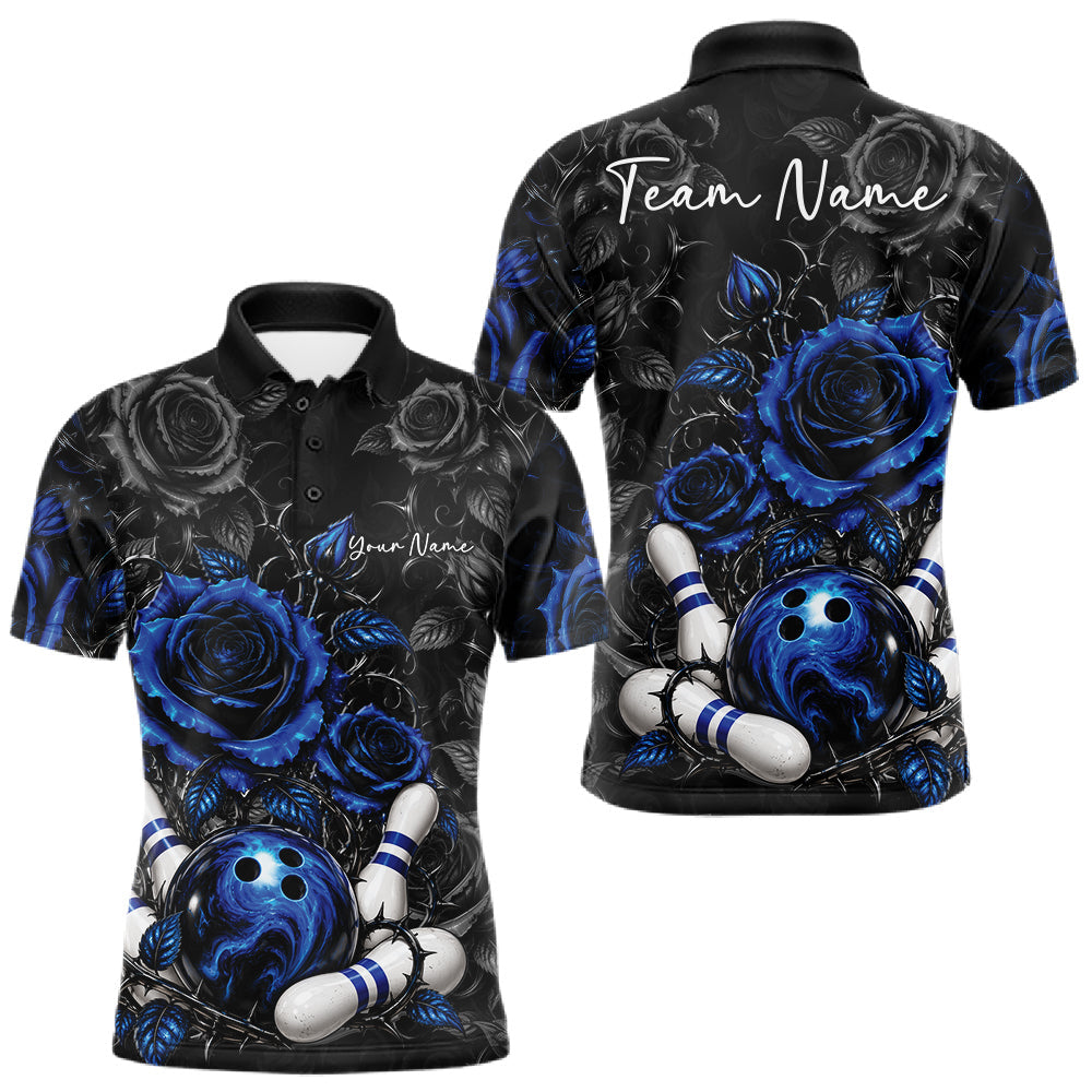 Maxcorners Custom Blue Roses Bowling Team Shirt, Flower Bowling Lover Men Polo Shirt Bowlers Gift