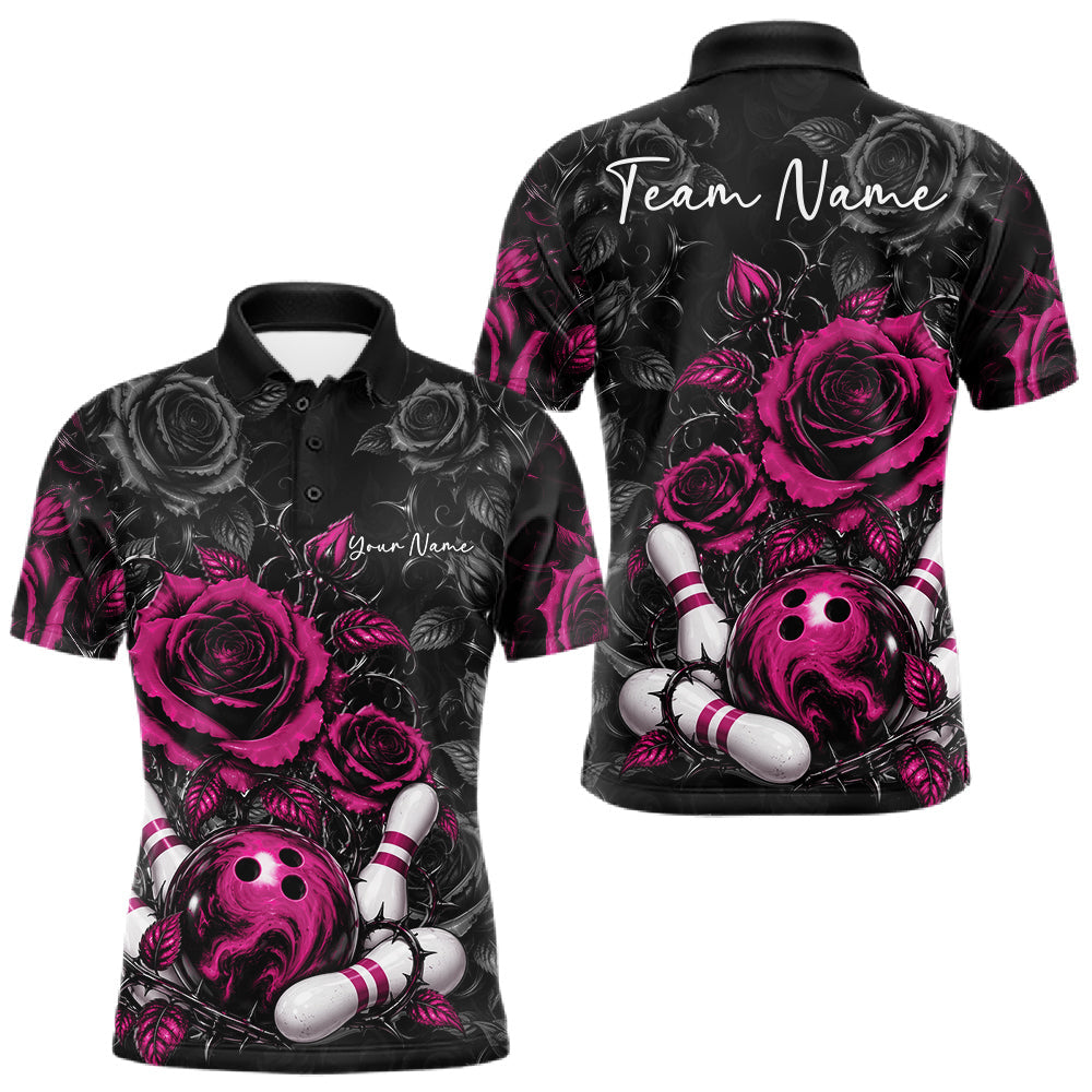 Maxcorners Custom Pink Roses Bowling Team Shirt, Flower Bowling Lover Men Polo Shirt Bowlers Gift