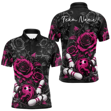 Maxcorners Custom Pink Roses Bowling Team Shirt, Flower Bowling Lover Men Polo Shirt Bowlers Gift