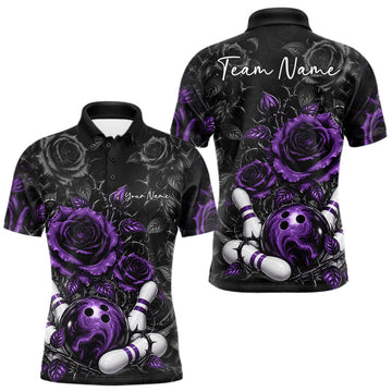 Maxcorners Custom Purple Roses Bowling Team Shirt, Flower Bowling Lover Men Polo Shirt Bowlers Gift