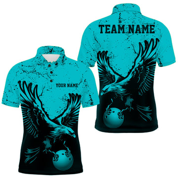 Maxcorners Custom Turquoise Eagle Bowling Men Polo Shirt, Grunge Bowling Jersey Team Uniform