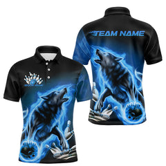 Maxcorners Custom Blue Fire Flaming Wolf Bowling Polo Shirts For Men, Wolf Bowling Tournament Shirt