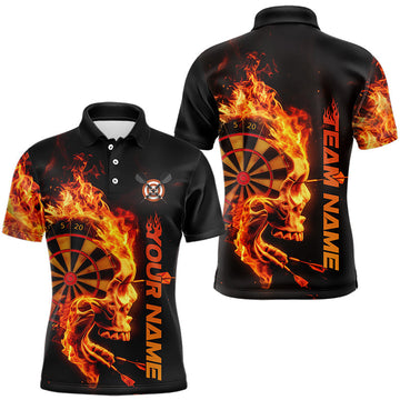 Maxcorners Custom Black And Orange Flame Skull Dart Men Polo Shirts, Halloween Dart Team Outfit LM1903