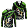 Maxcorners Black And Green Custom Bass Fishing Jerseys, Largemouth Bass Long Sleeve Tournament Fishing Shirts LM0201