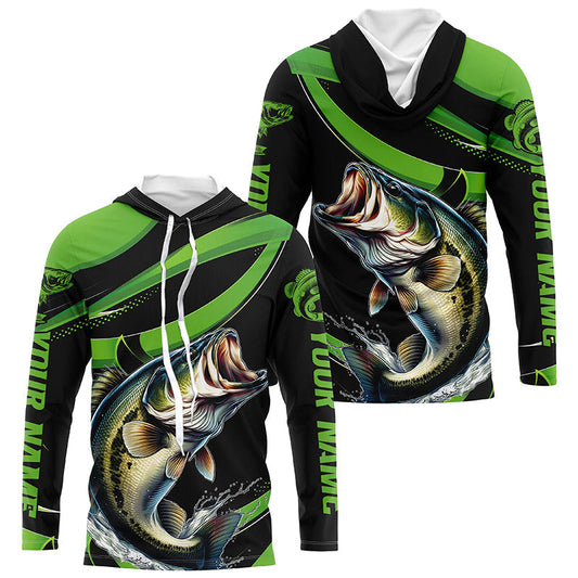 Maxcorners Black And Green Custom Bass Fishing Jerseys, Largemouth Bass Long Sleeve Tournament Fishing Shirts LM0201