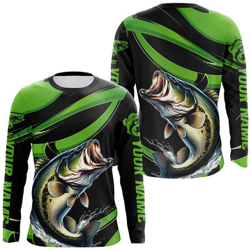 Maxcorners Black And Green Custom Bass Fishing Jerseys, Largemouth Bass Long Sleeve Tournament Fishing Shirts LM0201