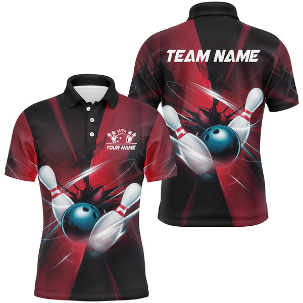 Maxcorners Black And Red Striking Bowling Jersey Customized Name, Team Name 3D Polo Shirt