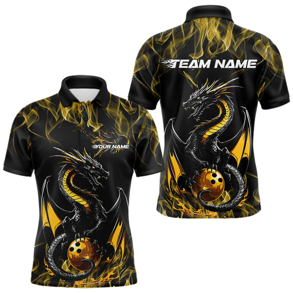 Maxcorners Custom Black And Gold Flame Dragon Bowling Team Polo Shirts For Men, Bowling League Shirt