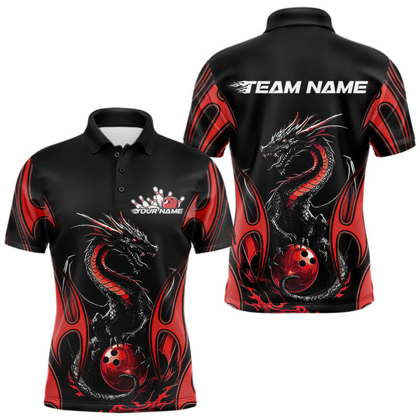 Maxcorners Custom Black And Red Flame Dragon Bowling Tournament Polo Shirts For Men, Bowlers Outfits