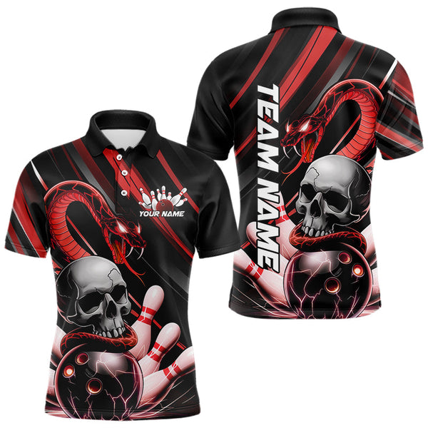 Maxcorners Custom Black And Red Snake Skull Bowling Polo Shirts For Men, Bowling Team Shirt