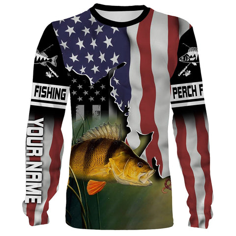 MaxCorners Yellow Perch Fishing American Flag Customized Name 3D Long Sleeve Shirt